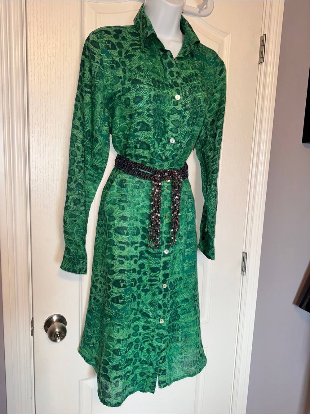 Allegra Masetti Italy 100% Linen Green Animal Print Shirt Dress L